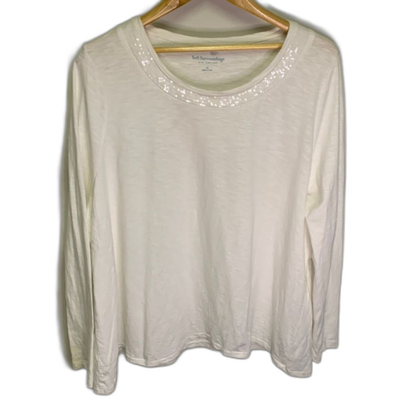 Soft Surroundings Ivory Sequin Scoop Neck Long Sleeve Cotton T-shirt Size 2XL - Picture 1 of 9